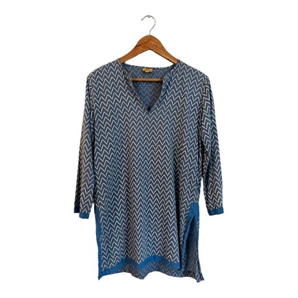 Roberta Roller Rabbit Kurta Small Blue Chevron 100% Cotton Side Slit Tunic Dress - Picture 1 of 5